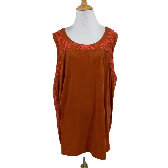 J Jill Tank Top Womens 4X Plus Spice Floral Embroidered Trim Seam Sleeveless - Picture 1 of 11